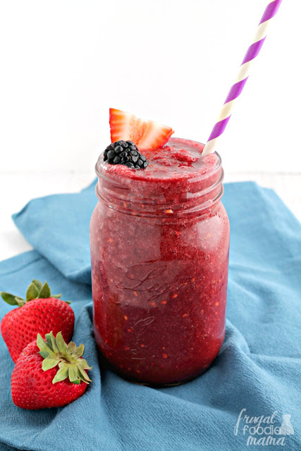 This Double Berry Tea Smoothie combines your favorite berry flavored tea & frozen berries to make a delicious low calorie frosty treat.