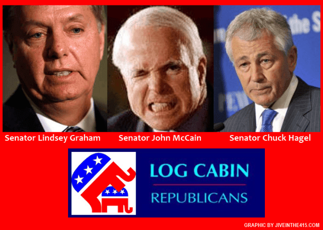 Photo of Senator Chuck Hagel, Senator Lindsey Graham, Senator John McCain and Log Cabin Republicans Logo