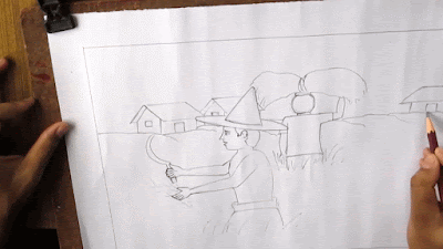 Menggambar pemandangan desa saat petani memanen padi di ladang Tutorial menggambar pemandangan desa saat petani memanen padi di ladang