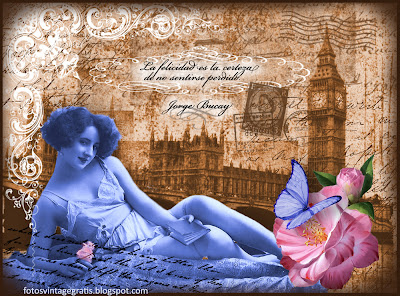 collage vintage con dama antigua en azul y Londres al fondo