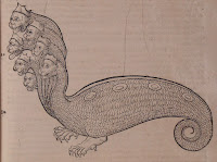Wood cut image of a hydra. The hydra is serpent like with seven human-like heads each wearing a crown.