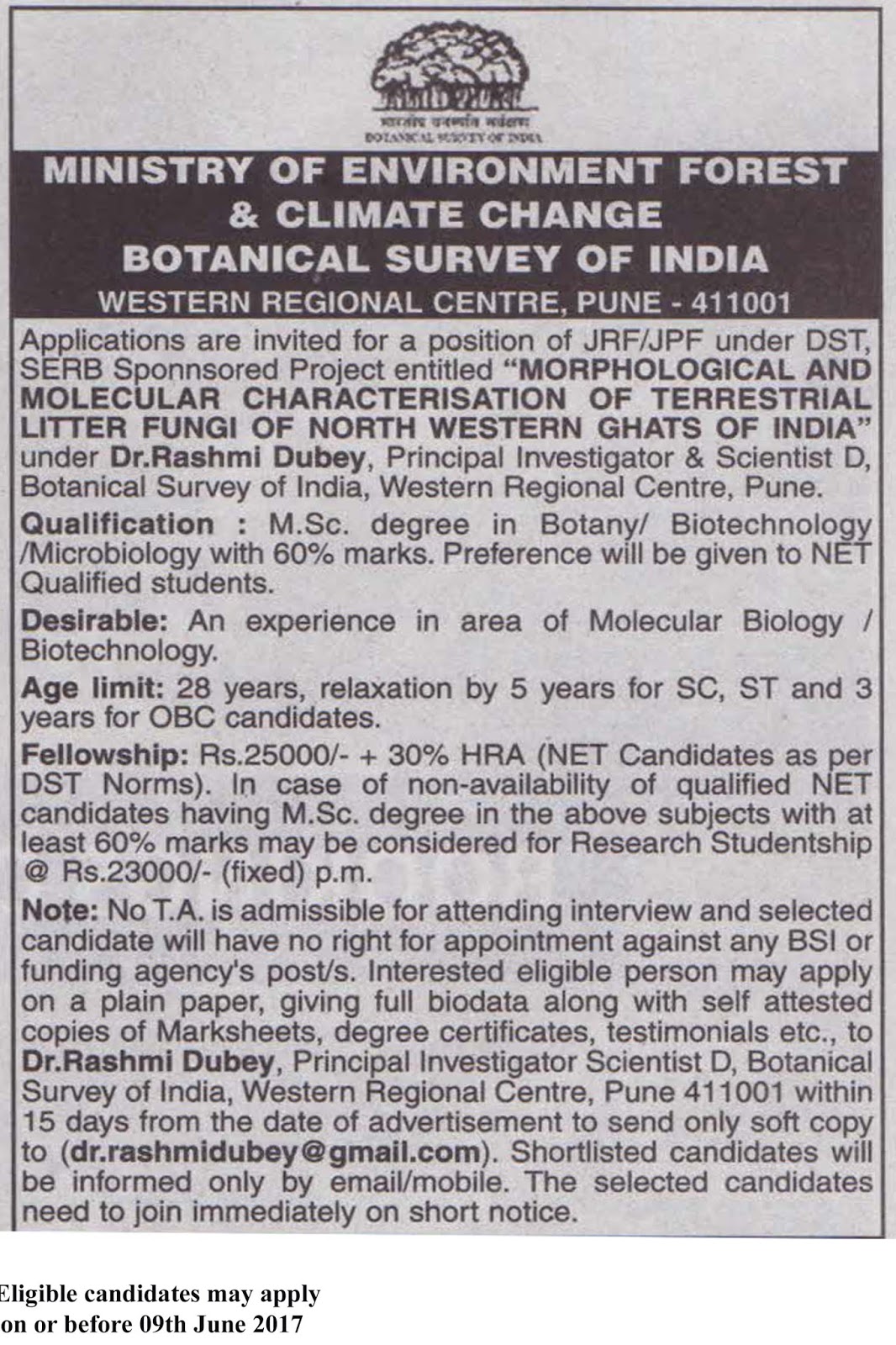 BSI Pune Molecular Biology/Biotech Project Vacancies BSI Recruits