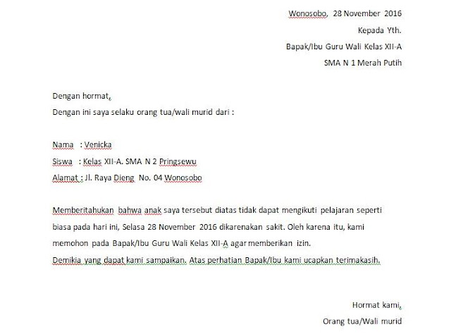 Surat Tidak Masuk Sekolah Karena Acara Keluarga