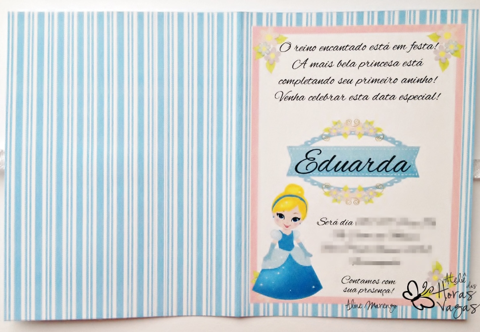 convite artesanal aniversário infantil princesas disney cinderela menina 1 aninho azul branco rosa