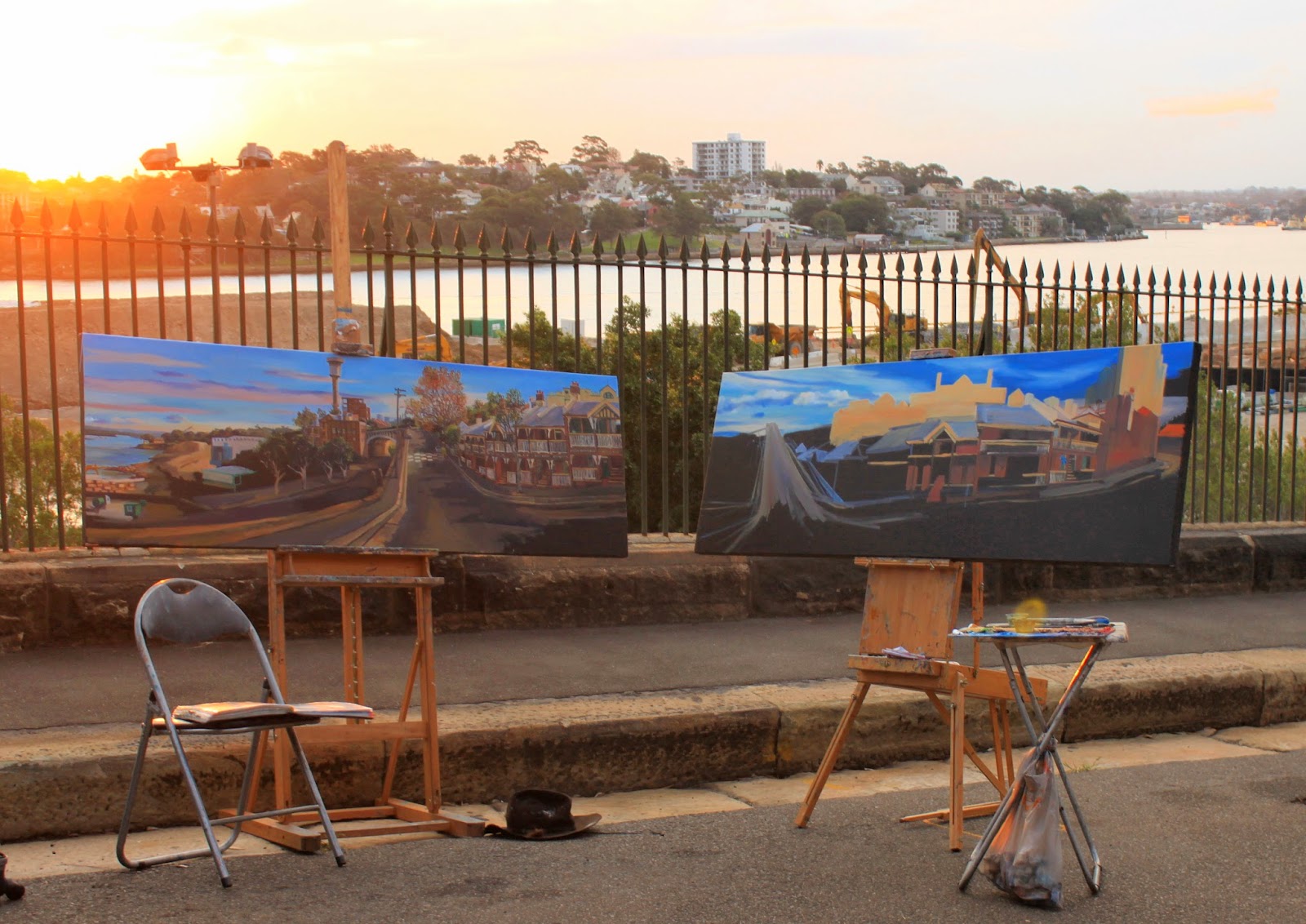 Plein air oil painting by Industrial Heritage Artist Jane Bennett of Millers Point Barangaroo and the Harbour Tower from High st