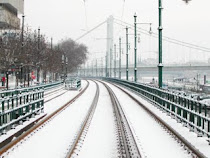 Snow covered tram tracks in Budapest