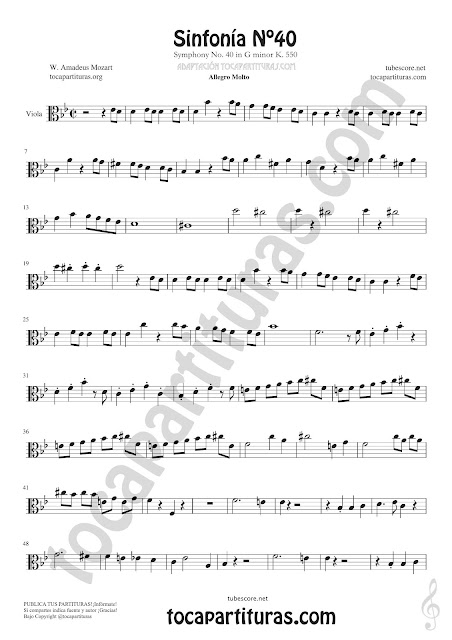 Hoja 1 Viola Partitura de Sinfonía Nº 40 Sheet Music for Viola Music Score PDF y MIDI aquí Vídeo