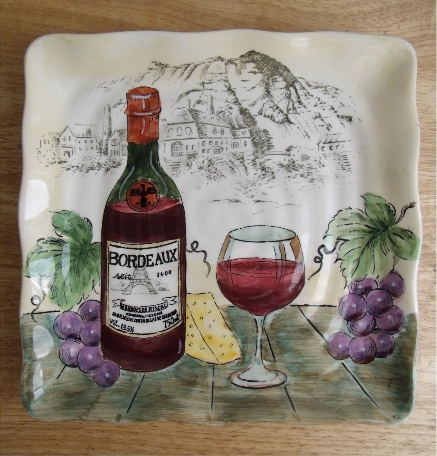 Wine Grape Village Decorative Ceramic Square Plate