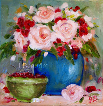 peach roses with cherries in green bowl oil painter j Beaudet