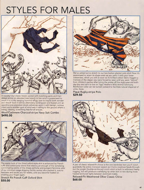 Page 2 with 2 vignettes. It is a sequence of apes playing and destroying clothes and accessories.  It is part of a series of jokes about fashion for apes and how hedgehogs would behave with it. Published in MAD Magazine.