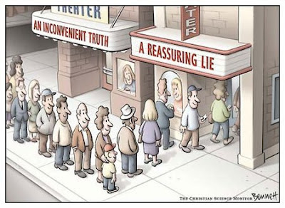 Cartoon of two movie queues - an empty one for An Inconvenient Truth, a long one for A Reassuring Lie