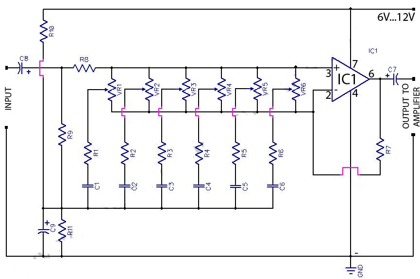 6 Band Graphic Equaliser Using 741 Op-Amp ~Circuit diagram