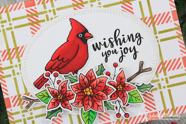 Joy Christmas Card by Juliana Michaels featuring Newton's Nook Designs Poinsettia Blooms and Winter Birds Stamp Set