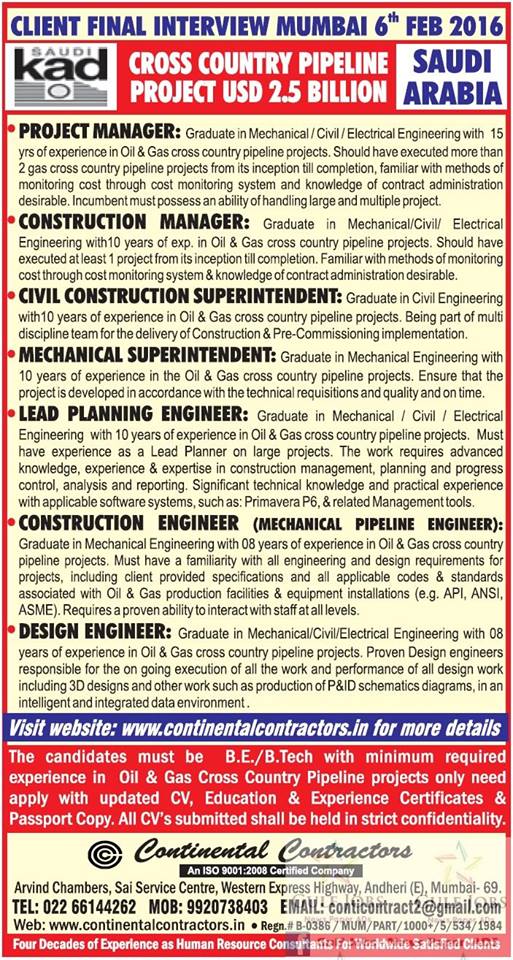 Saudi kad cross country pipeline project jobs for KSA Gulf Jobs for