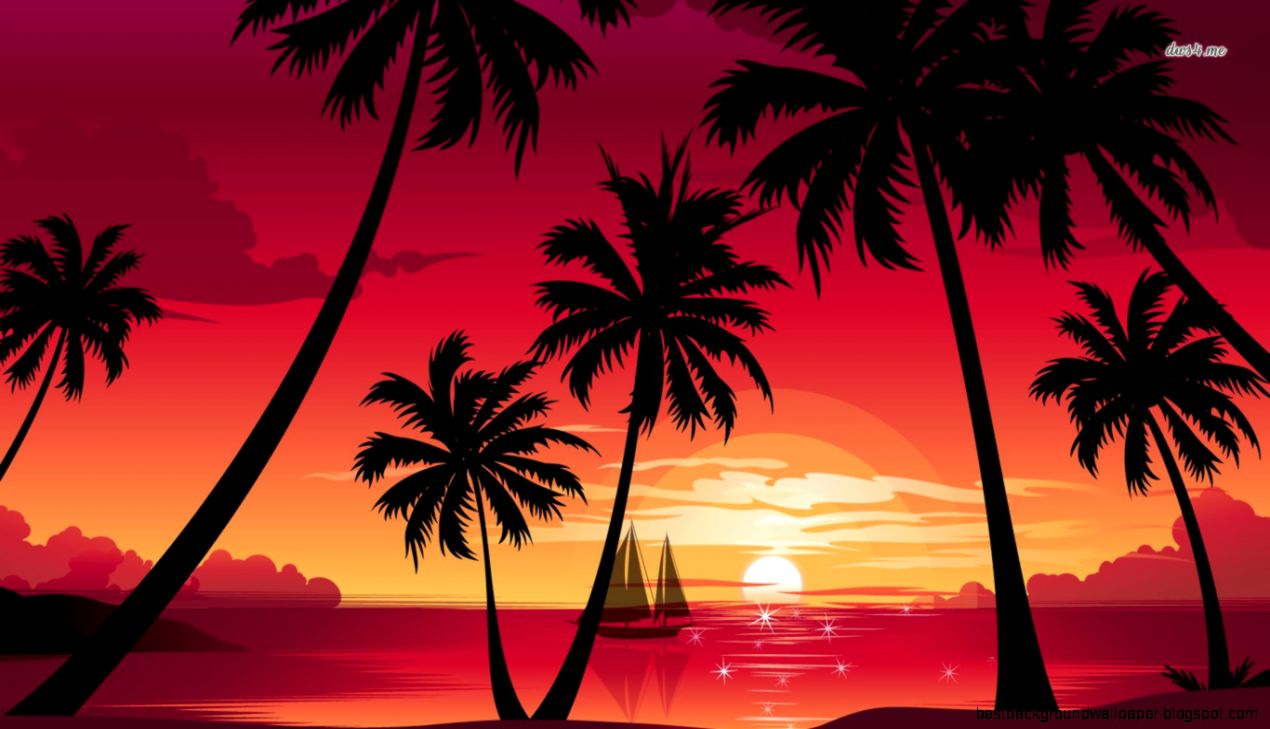 Purple Beach Sunset Palm Trees