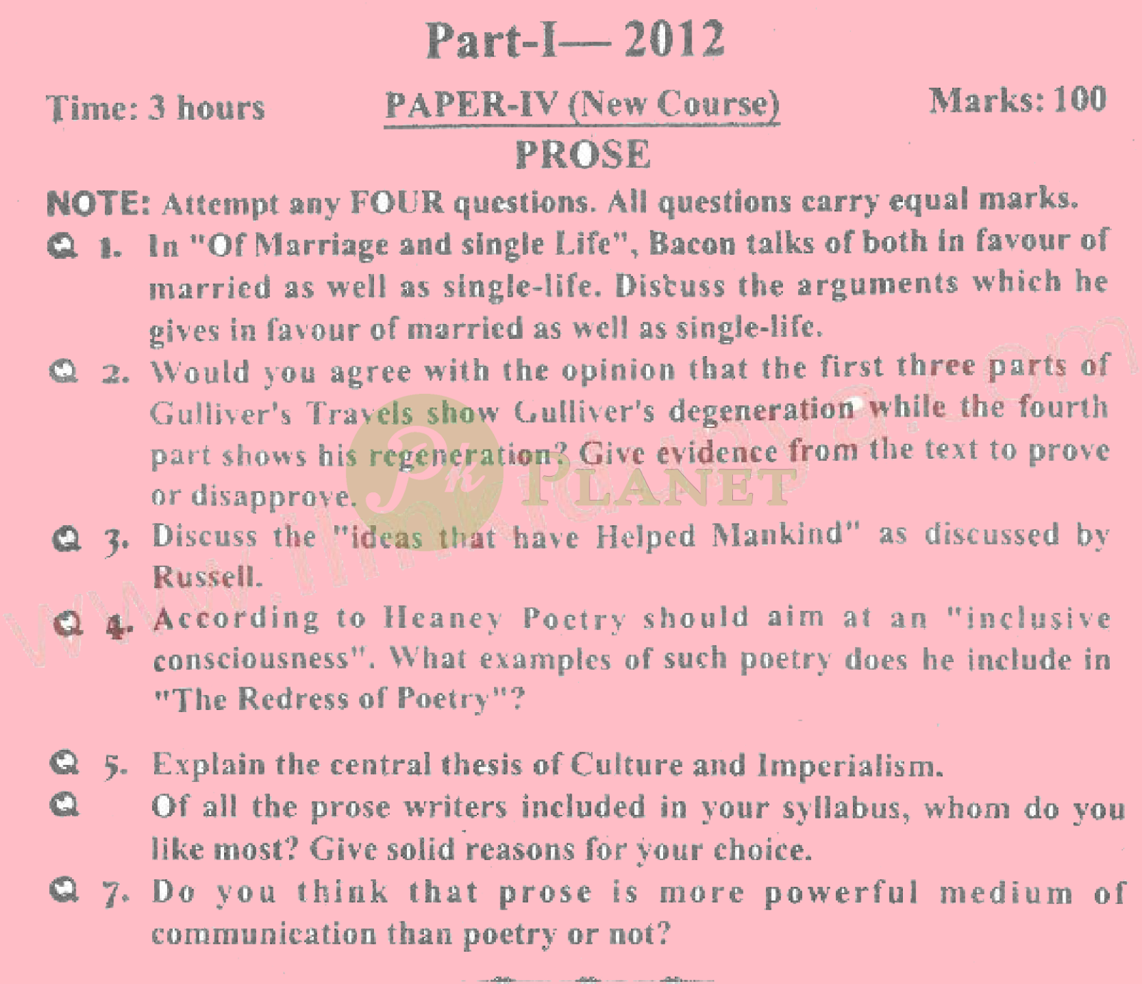 ma english part 1 past papers punjab university 2012 prose