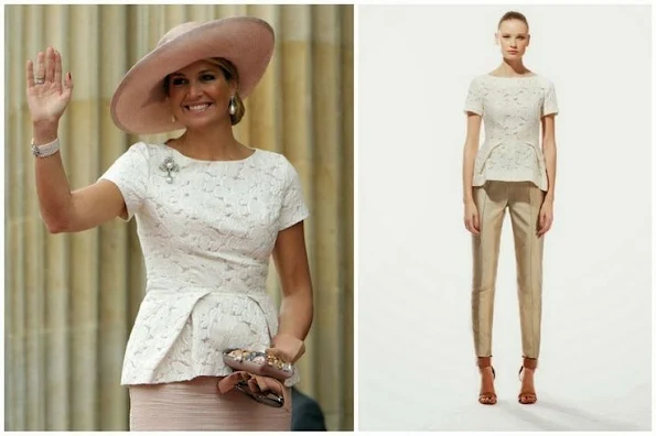 Queen Maxima wore Natan White  floral relief Lace blouse. Style of Maxima