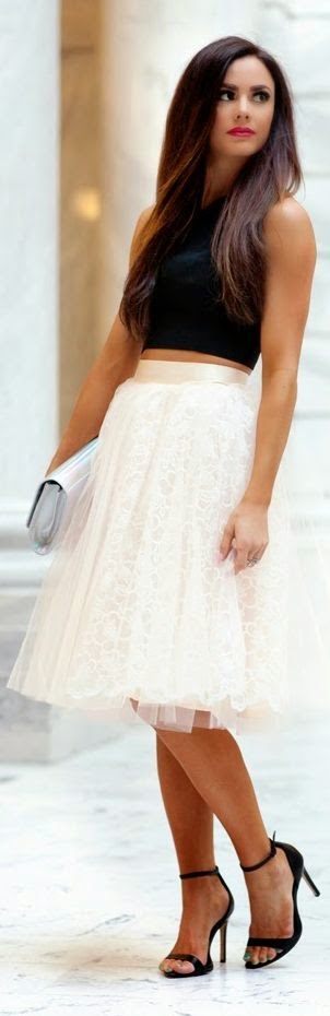 Women's fashion | Black crop top, white tulle skirt, heels, clutch ...