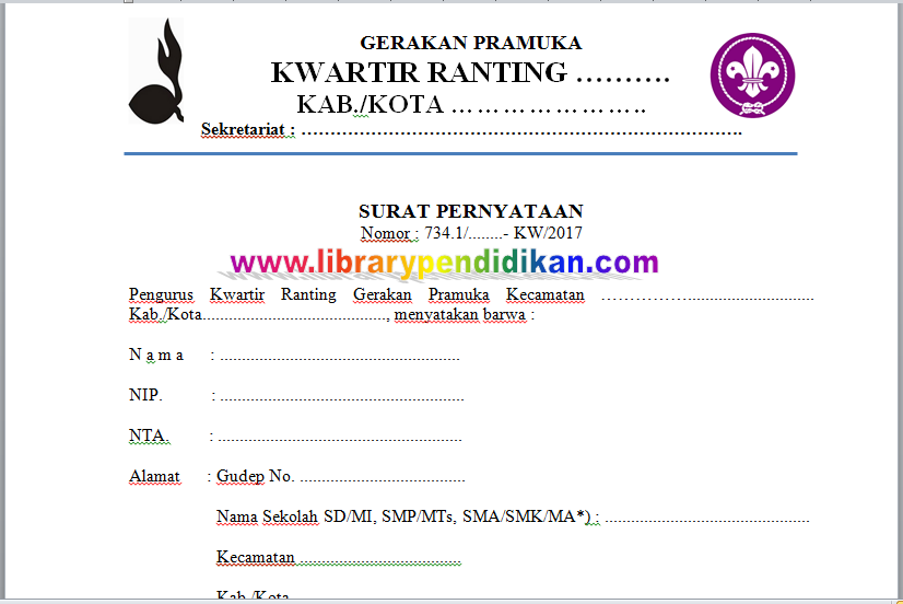 Surat Pernyataan Pramuka Sebagai Pengurus Pembina Aktif Dari