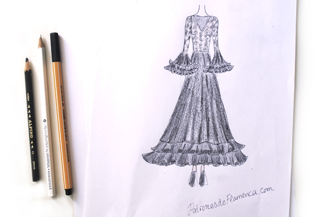 Boceto de traje de flamenca dibujado en un folio