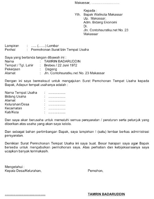 Contoh Surat Permohonan Untuk Tempat Usaha File Word 