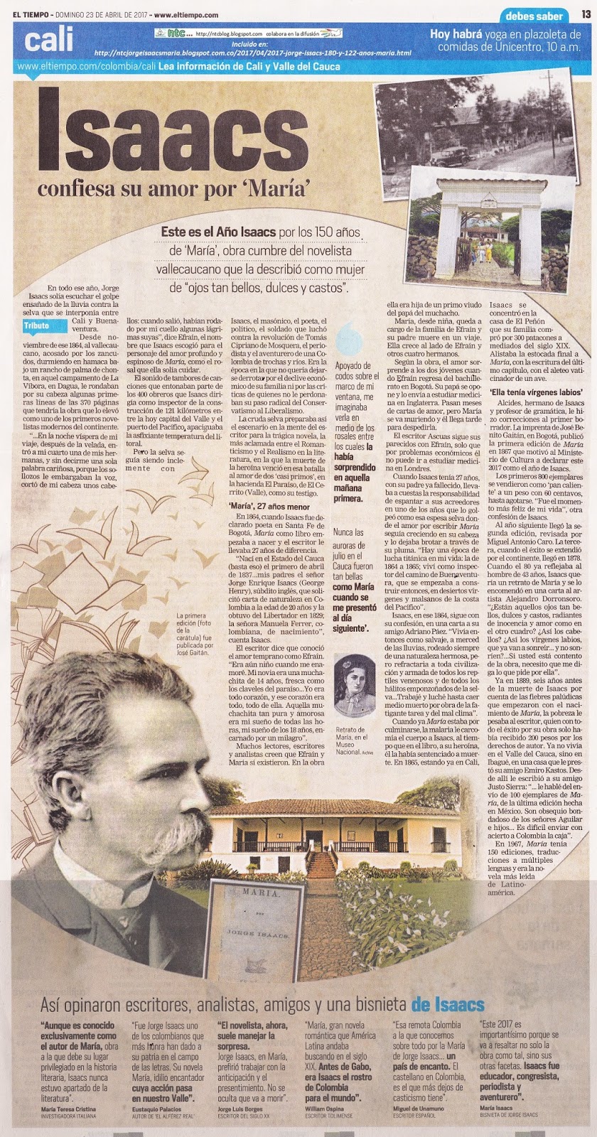 2017, AÑO JORGE ISAACS". 150 años de "María": 2017, Jorge Issacs, 180 y 122 años – “María”, 150 años ... Perfil biográfico. Jorge Issacs “Humanista Eximio”. NTC … ⏳ “FECHARIO VITAL” ⏳