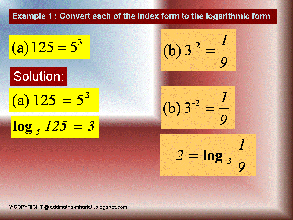 ADDITIONAL MATHEMATICS LAWS OF LOGARITHMS