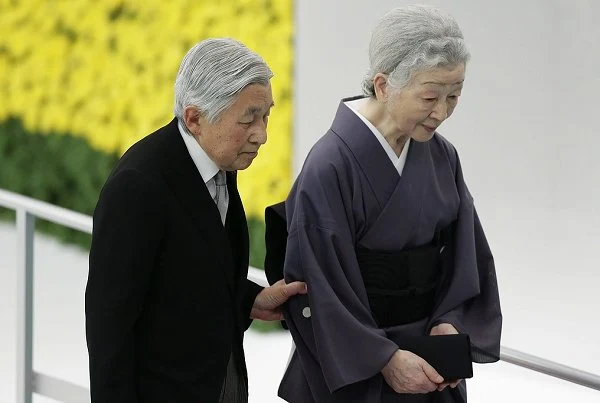 Emperor Akihito and Empress Michiko at a memorial service for war victims at the Nippon Budokan