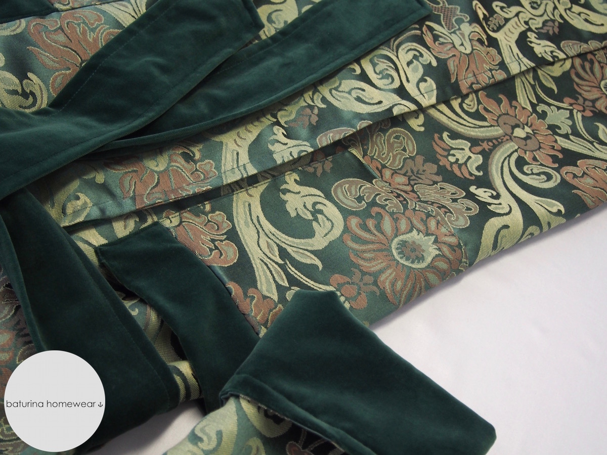 Men's Luxury Dressing Gown in Green Floral Paisley Silk and Velvet