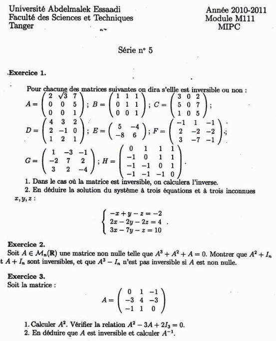 algèbre 2 exercices corrigés sur les matrices smc