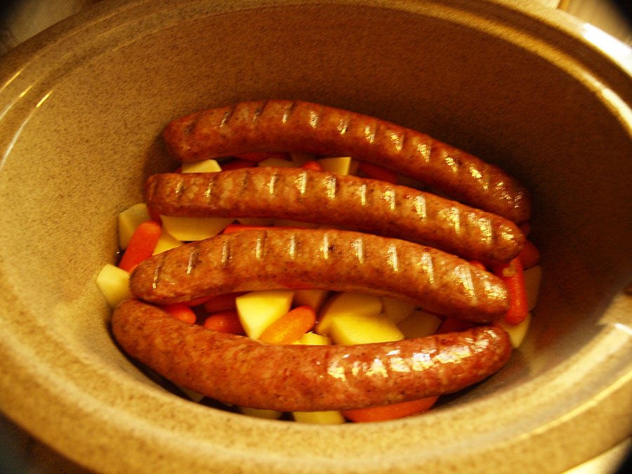 Pellet Smoker Cooking Sausage, potatoes, carrots, & cabbage