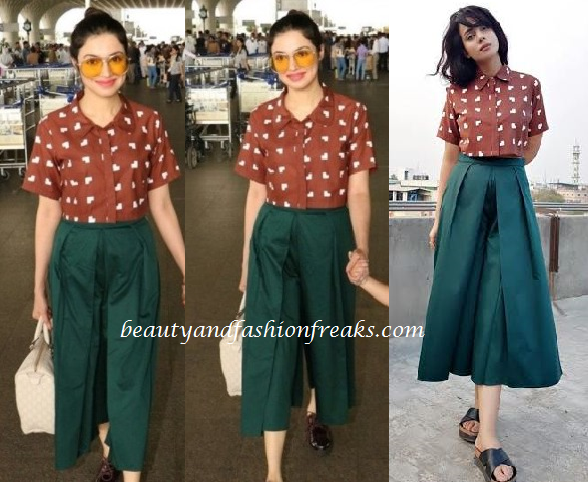 Divya Khosla Kumar in a CORD maroon crop top and green culottes for an airport look