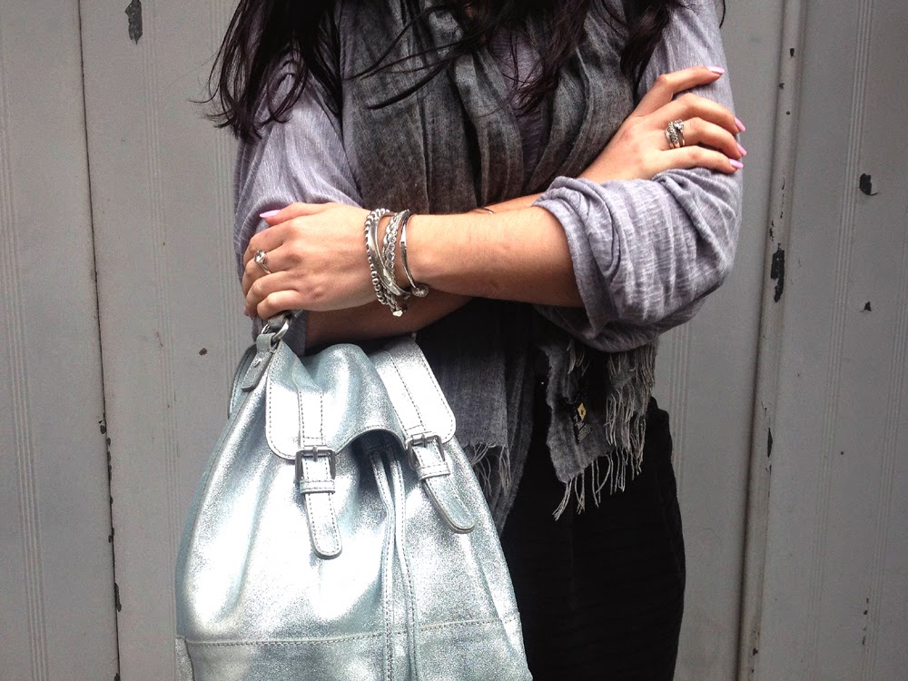 Silver leather Boden backpack on London fashion blogger Emma Louise Layla