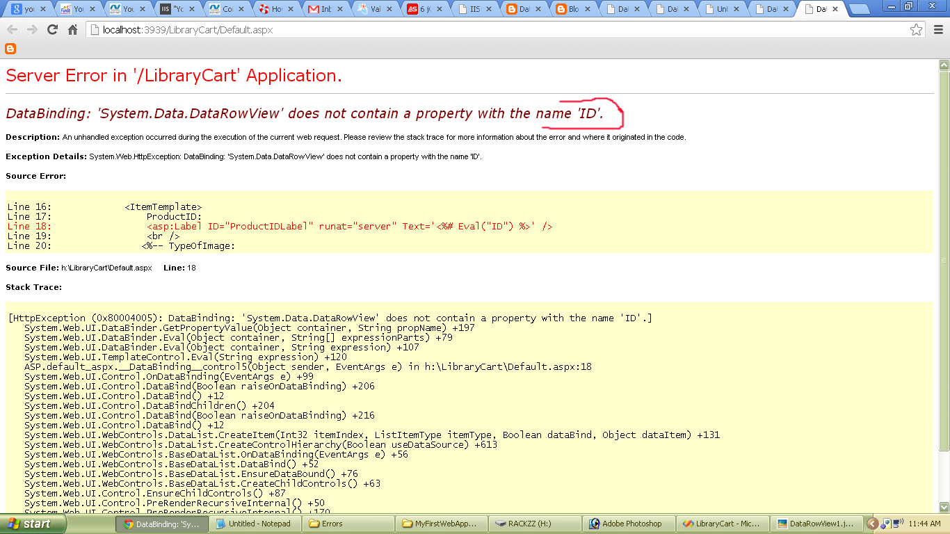 DataBinding 'System.Data.DataRowView' does not contain a property with
