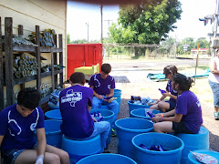 Cleaning blue bottles to be transformed into beautiful tumbled glass.