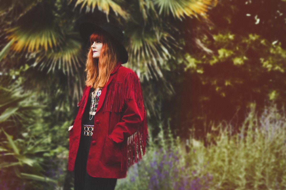 Vintage Red Suede Fringed Jacket 70s Fashion Blogger Photography