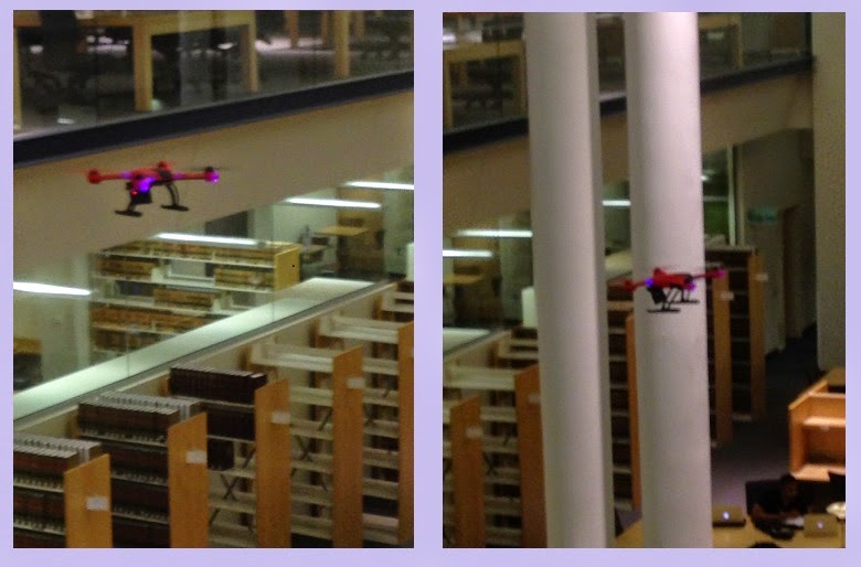2 snapshots of small red drone in library
