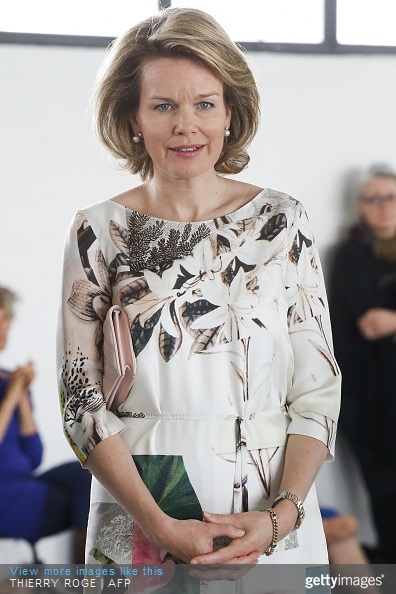 Belgium's Queen Mathilde visits the exhibition Work/Travail/Arbeid by Anne Teresa De Keersmaeker in collaboration with Rosas at the contemporary art center Wiels in Brussels on May 8, 2015