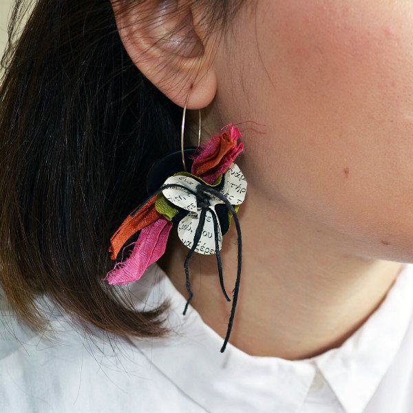 text paper flower and brightly colored torn fabric earrings