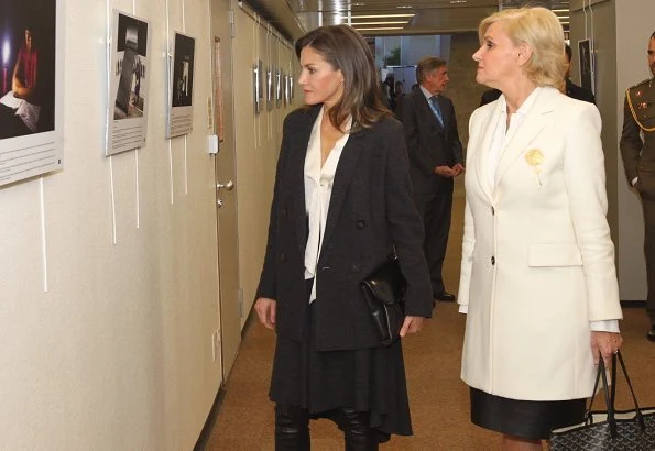 Queen Letizia wore wool blend long belted double breasted coat,and black blazer, Adolfo Dominguez long boots
