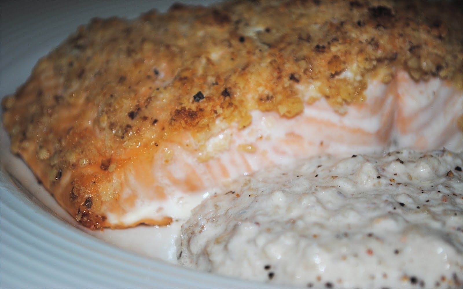 Recipe Doodle WALNUT CRUSTED SALMON AND SPINACH WITH BUTTERMILK CHEESE