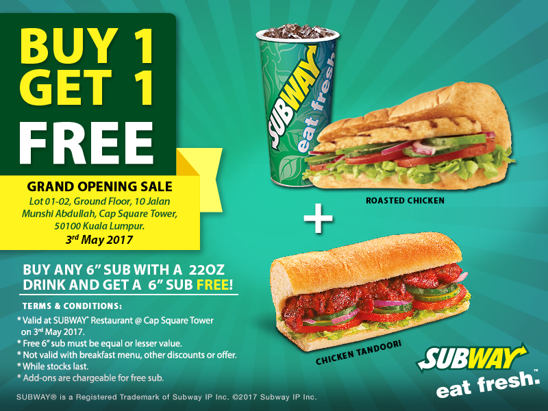 Subway Buy 1 FREE 1 6" Sub Cap Square Tower 3 May 2017