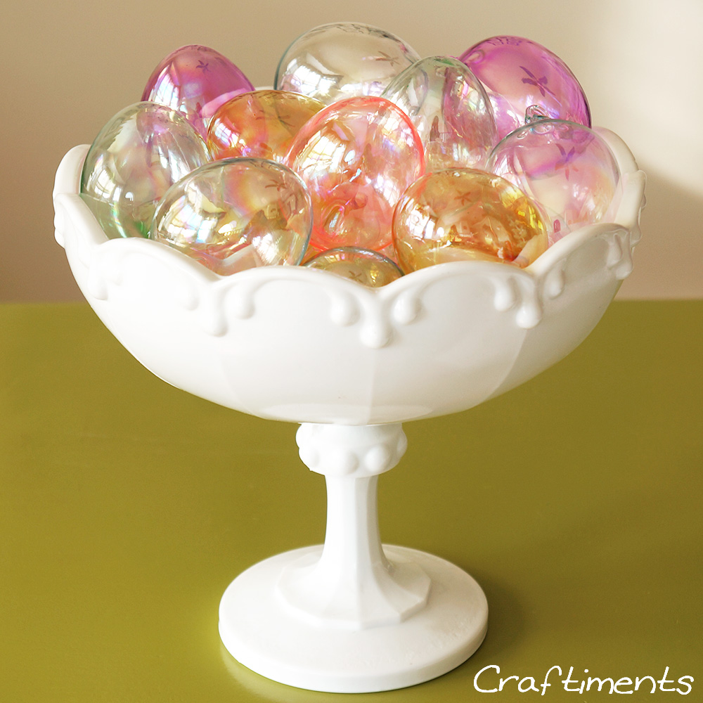 Craftiments:  Glass Easter egg ornaments in a milk glass bowl