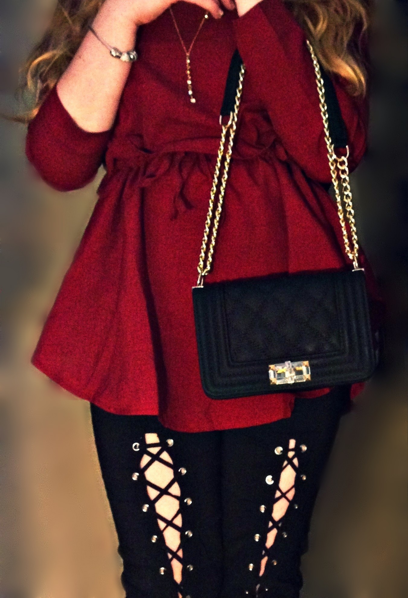 WINE RED BLOSE,LACE PANTS,SEQUINED BOOTS AND BAG