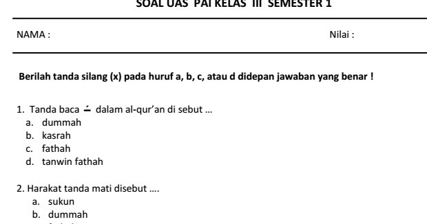 Soal Uas Pai Kelas 5 Semester 1 Ganjil