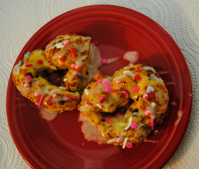 Cinnamon Roll hearts for Valentine's breakfast with sprinkles