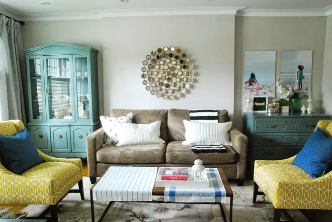 brown sofa living room ikea pillow blanket yellow blue