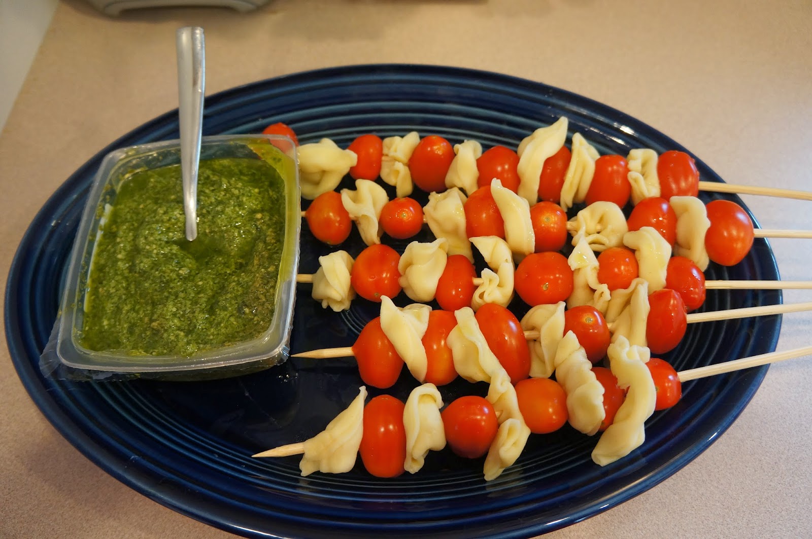 Something Yummy for your Tummy!! Tortellini Skewers with Pesto Dipping