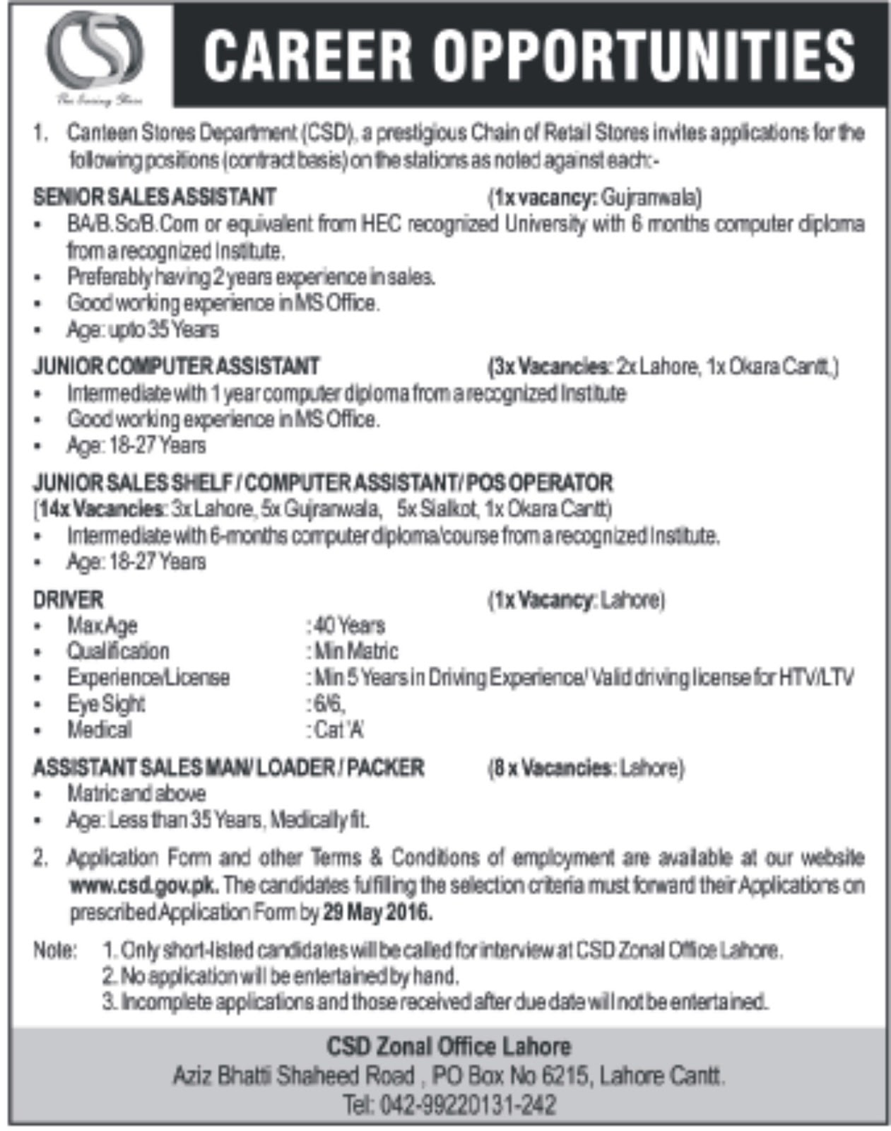 Jobs in Canteen Store Department Pakistan for Graduates, Inter & Matric