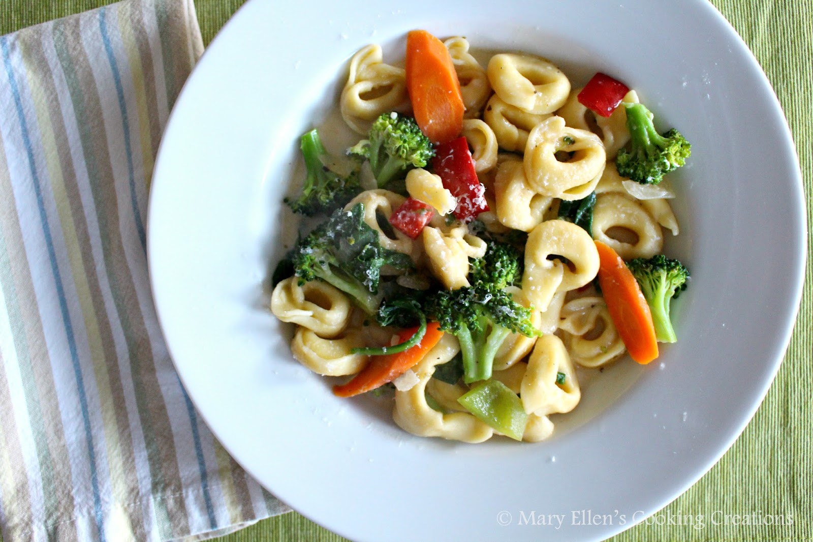 Mary Ellen's Cooking Creations Cheese Tortellini Primavera in a Light Garlic Cream Sauce